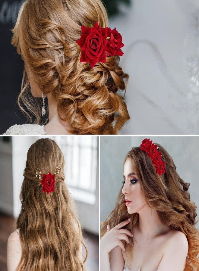 ASTRYAS 4 Pieces Red Rose Flower Hair Clip Bridal Hair Pins Rose Brooch Mexican Flower Hair Accessories for Party Wedding Flamenco Dancer, Christmas Gift for Women - Image 5